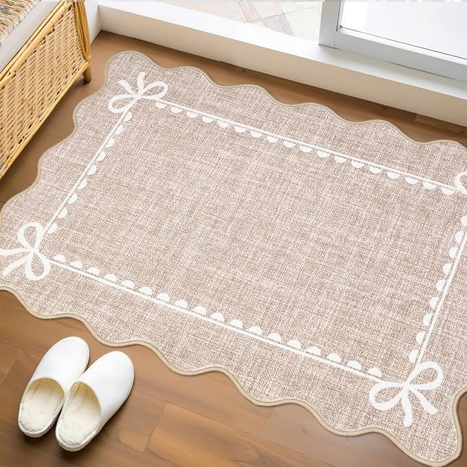 GarveeHome Scalloped Bow Rug for Kitchen Floor, Solid Camel Rug for Dorm, Washable Entryway Rugs ... | Amazon (US)
