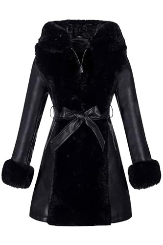 RISISSIDA Luxurious Women Winter Fur Lined Coat, Leather Jacket with Hooded Long Fur Collar, Thic... | Amazon (US)
