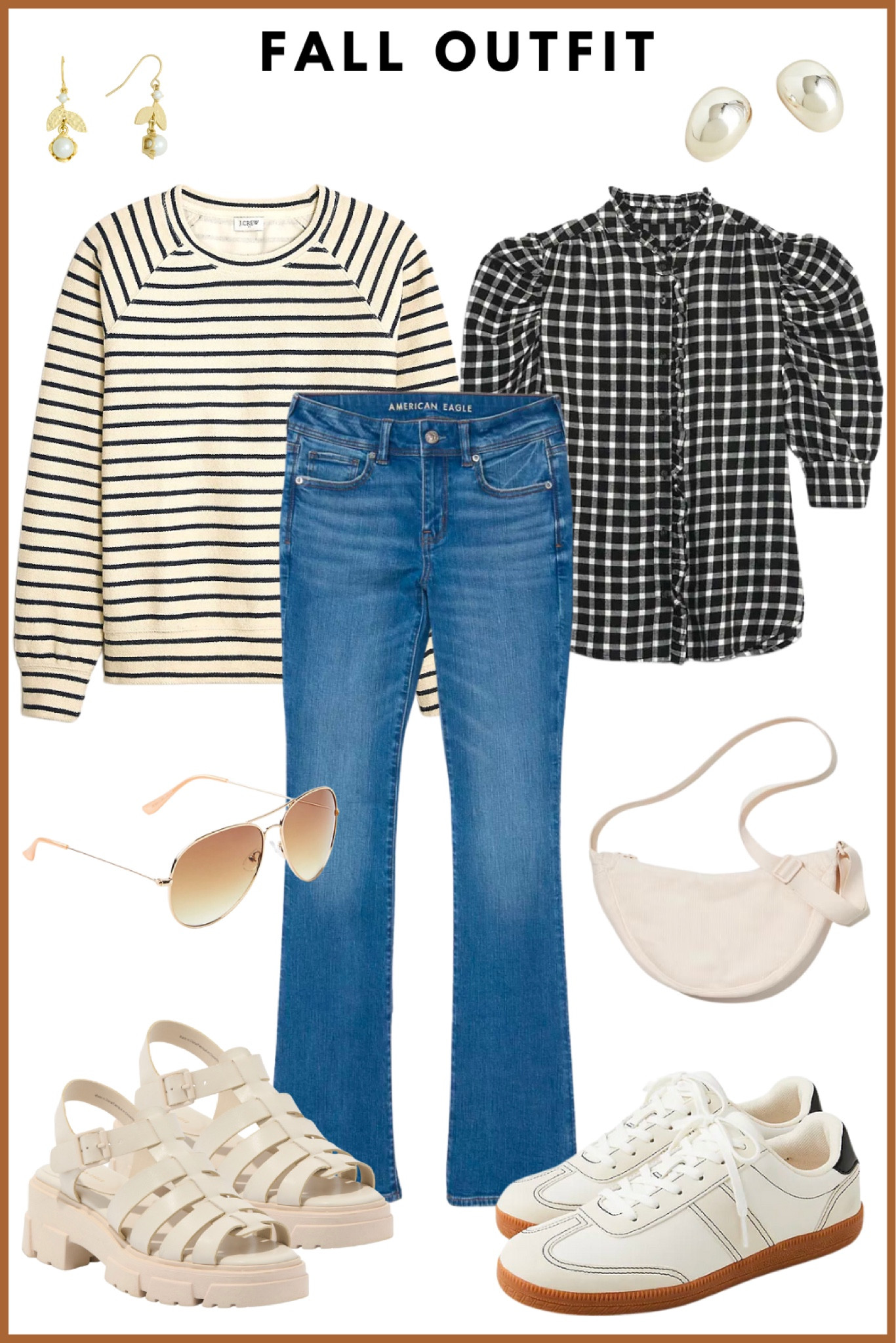 Fall outfit, teacher outfit, weekend outfit, casual outfit // crew neck sweatshirt, puff sleeve shirt, low rise jeans, aviator sunglasses, crossbody bag, fisherman sandals, white sneakers

#LTKmidsize #LTKSeasonal #LTKover40