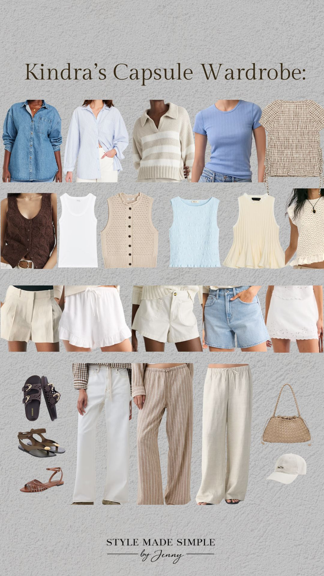 This custom capsule client wanted to feel more put together without losing the comfort she loves, and this wardrobe delivers exactly that.

We created a summer capsule filled with elevated basics that work for real life: denim shorts, breezy linen pants, polished tanks, easy layers, and versatile pieces she can wear on repeat. The goal wasn't to chase trends. It was to build a wardrobe that makes getting dressed simple.

A capsule wardrobe doesn't have to be boring. With the right pieces, you can create dozens of outfits while owning less and loving everything in your closet.

If you're tired of standing in front of a full closet with nothing to wear, I create personalized capsules designed around your lifestyle, body type, budget, and style goals. Book your custom capsule at stylemadesimplebyjenny.com.








capsule wardrobe, summer capsule wardrobe, elevated basics, effortless style, minimalist wardrobe, outfit ideas, everyday outfits, personal stylist, casual chic style, capsule closet, summer fashion essentials, linen pants outfit, denim shorts outfit, elevated casual style, mom style, vacation outfits, San Diego style. 

 #LTKootd