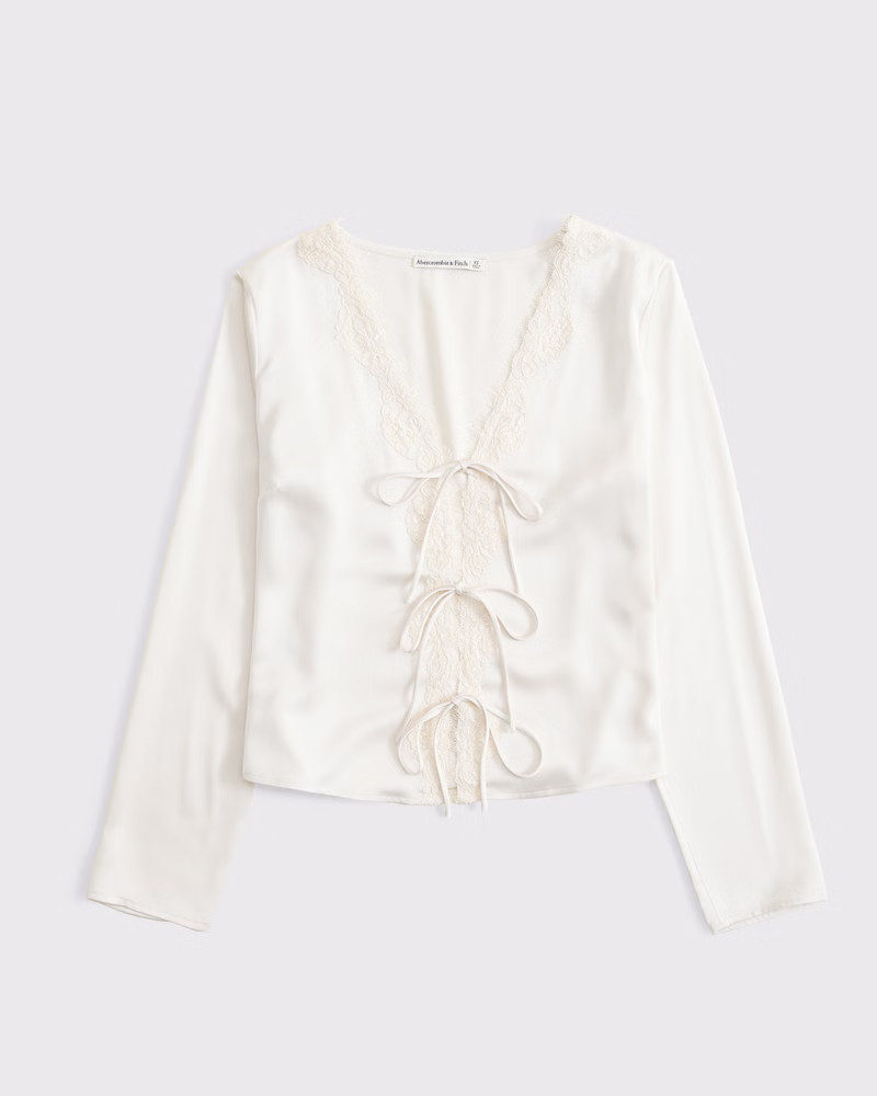 Women's Long-Sleeve Lace-Trim Tie-Front Top | Women's Tops | Abercrombie.com | Abercrombie & Fitch (US)