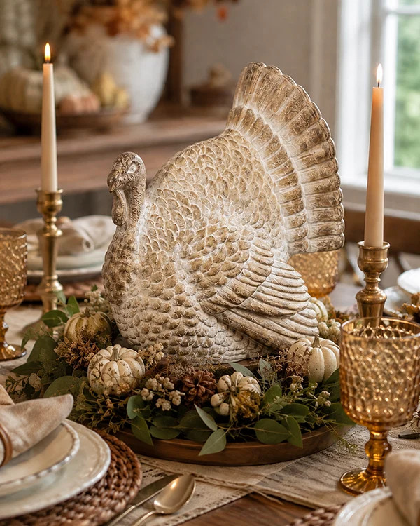 Whitewashed Heirloom Turkey 14-Inch Fall Harvest Tabletop Centerpiece | Decor Steals