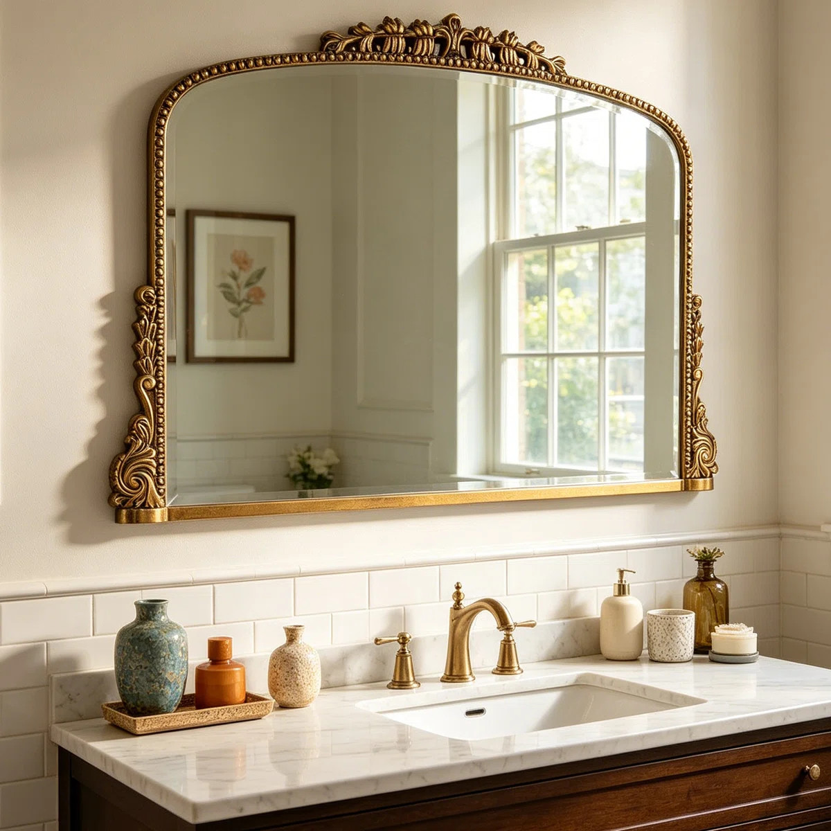 Hand-Painted Ornate Gold Arched Wall Mirror | Wayfair North America