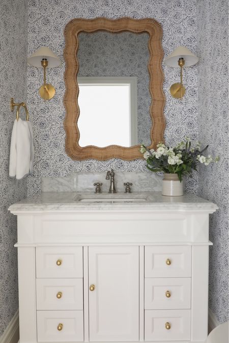 Bathroom decor, bathroom vanity, oak vanity, Home Depot, Wayfair, faucet, Kingston brass, Serena and lily wallpaper, home decor, spring decor, neutral decor 

#LTKsalealert #LTKstyletip #LTKhome