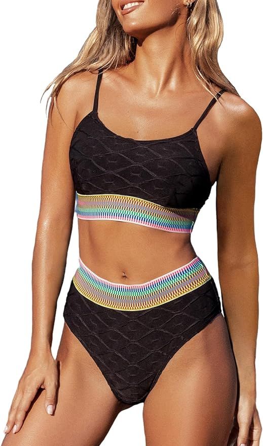 CUPSHE Women's Bikini Sets Two Piece Swimsuit High Waisted Scoop Neck Adjustable Straps Colorful ... | Amazon (US)