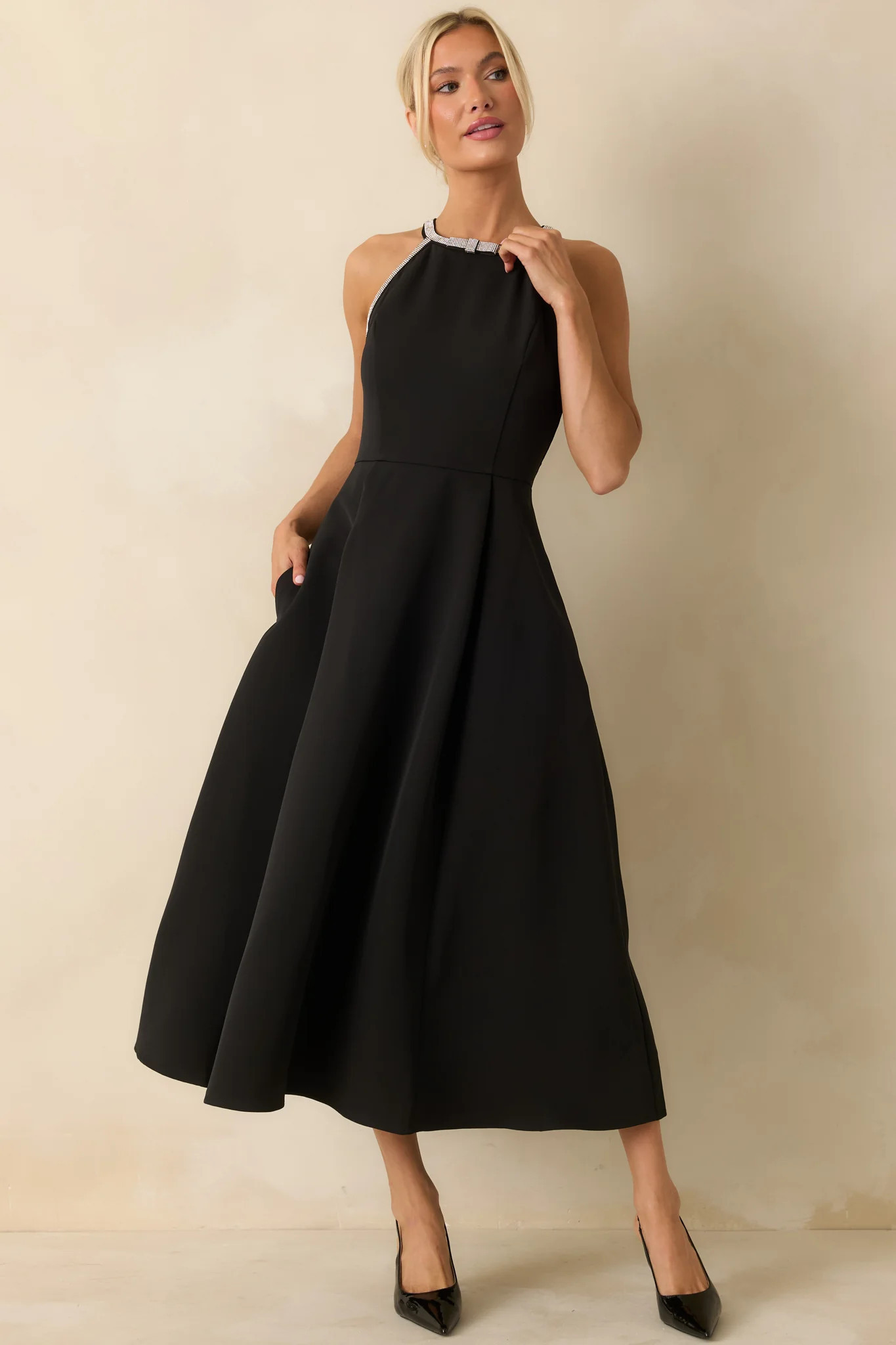Edge of Glam Black Rhinestone Trim Midi Dress | Red Dress