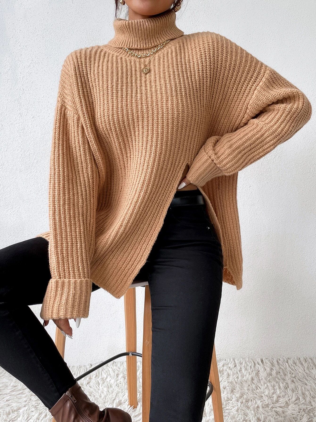 Turtleneck Drop Shoulder High Split Sweater | SHEIN