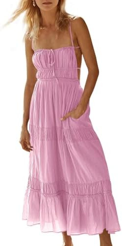 Wenrine Womens Summer Beach Dresses Backless Spaghetti Straps Self Tie Tiered Flowy Casual Maxi D... | Amazon (US)