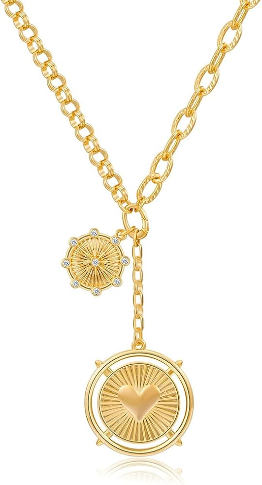 Chunky Gold Pendant Necklaces For Women Gold links With Sun Heart Charms | Amazon (US)