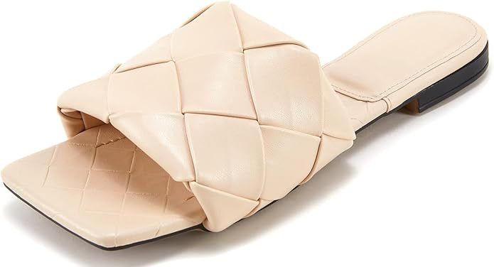 Women's Square Open Toe Woven Leather Single Band Comfort Slides Slid on Flat Sandals | Amazon (US)