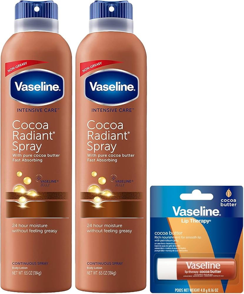 Vaseline Cocoa Radiant Spray 2-Pack for Dry Skin + Vaseline Lip Therapy Cocoa Butter Lip Balm (3 ... | Amazon (US)