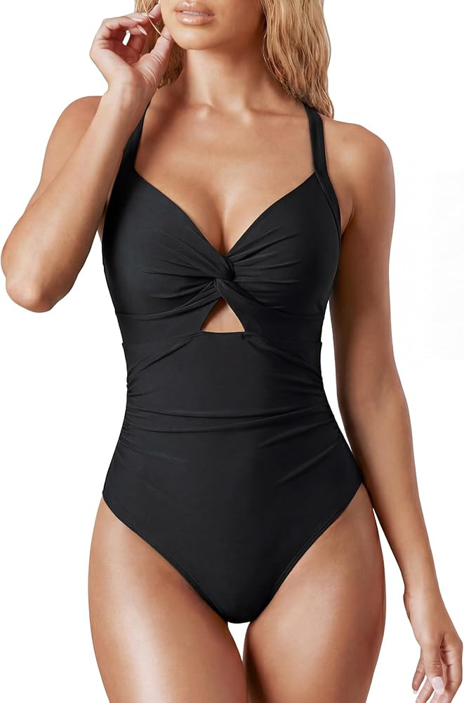 OQQ Women’s One Piece Swimsuit Tummy Control V Neck Twist Front Bathing Suit Cutout Full Covera... | Amazon (US)