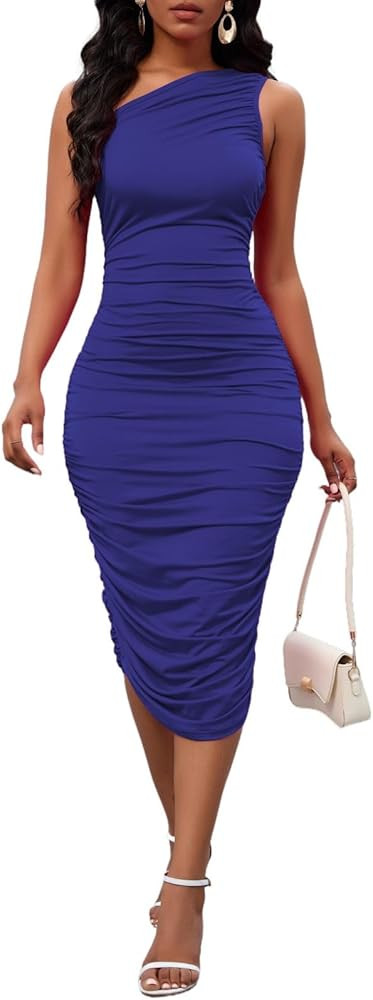 Women's Sexy One Shoulder Dresses Sleeveless Party Club Ruched Cocktail Wedding Guest Bodycon Mid... | Amazon (US)