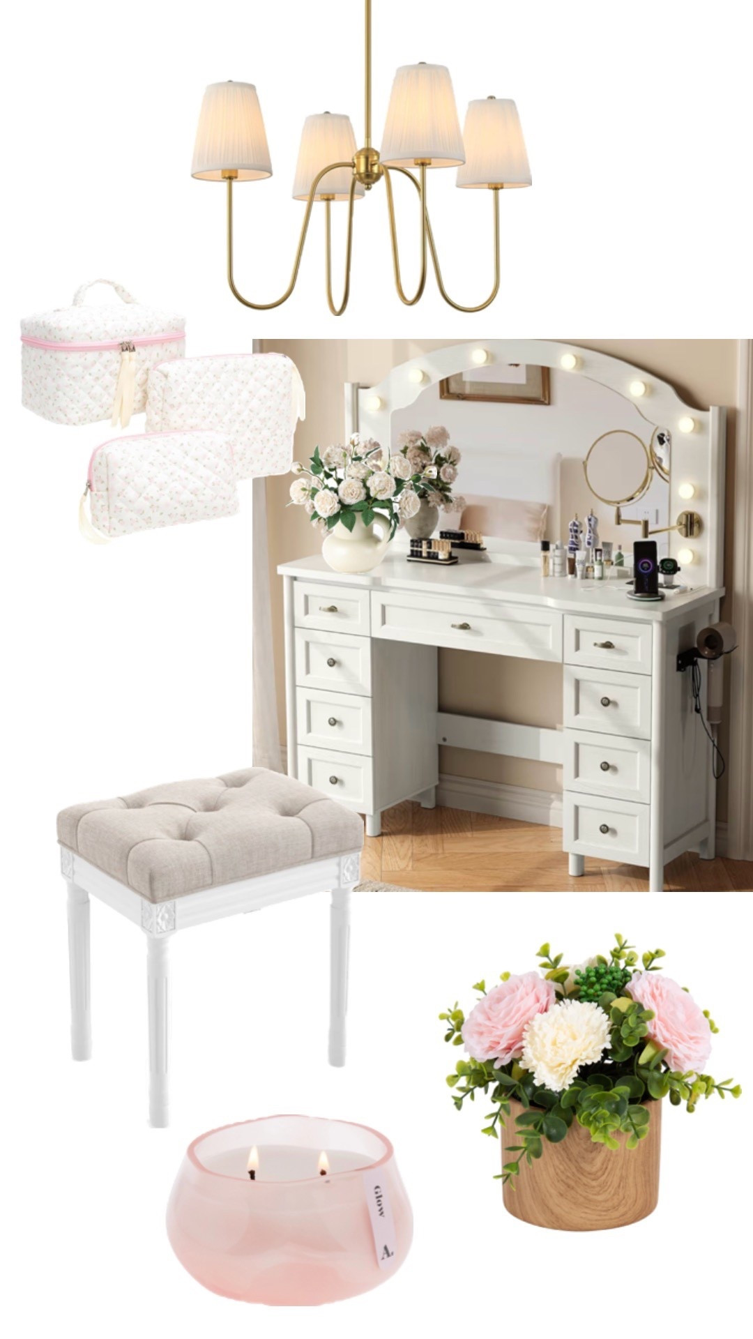 Obsessed is an understatement 🤍✨

If you love a soft, feminine, neutral glam vibe… this is for you. Think: gold chandelier lighting, a classic white vanity with mirror lights, tufted stool, pink floral touches, and the prettiest blush candle to tie it all together.

These pieces are perfect for creating a dreamy vanity setup, bedroom refresh, dorm glow-up, or feminine home office space. Whether you’re doing a full room makeover or just adding a few elevated accents, these finds give that timeless, classy, girly aesthetic.

Linking everything so you can recreate this look ✨

#VanityInspo #BedroomDecor #FeminineHomeDecor #NeutralGlam #DormDecor #HomeRefresh #LTKHome #LTKFinds #GirlyHome #AmazonHomeFinds

#LTKHome #LTKmomlife #LTKselfcare