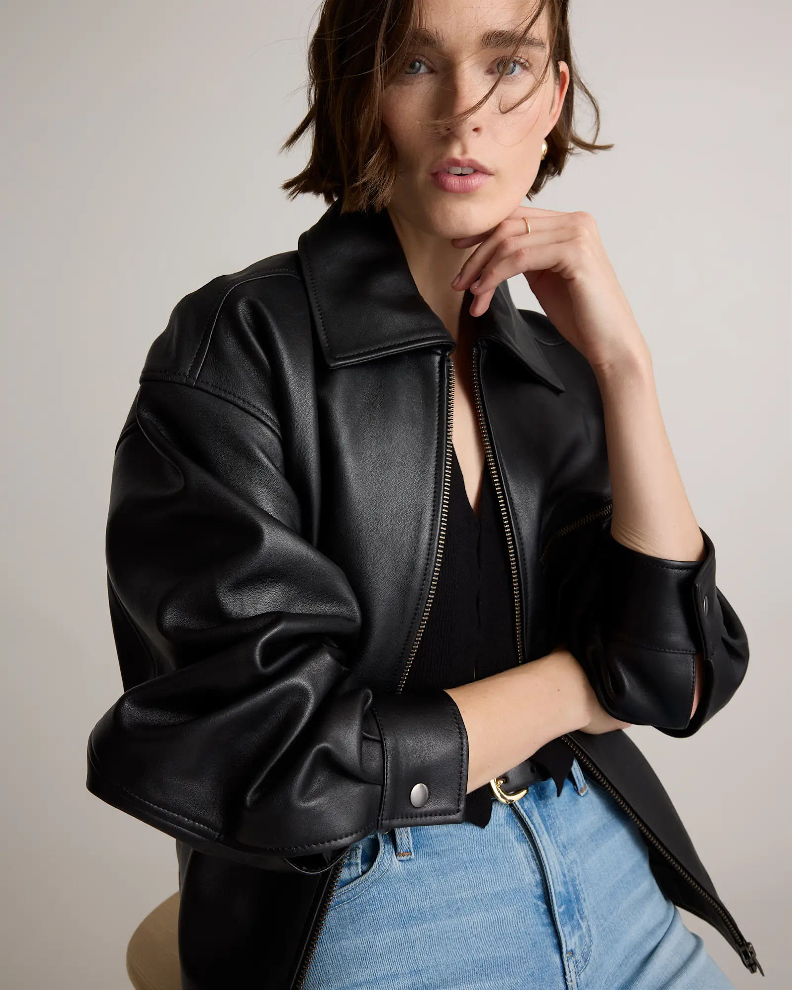 100% Leather Oversized Bomber Jacket in Black | Quince