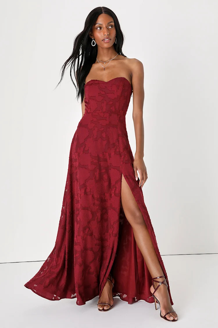 Garden of Romance Burgundy Floral Burnout Strapless Maxi Dress | Lulus