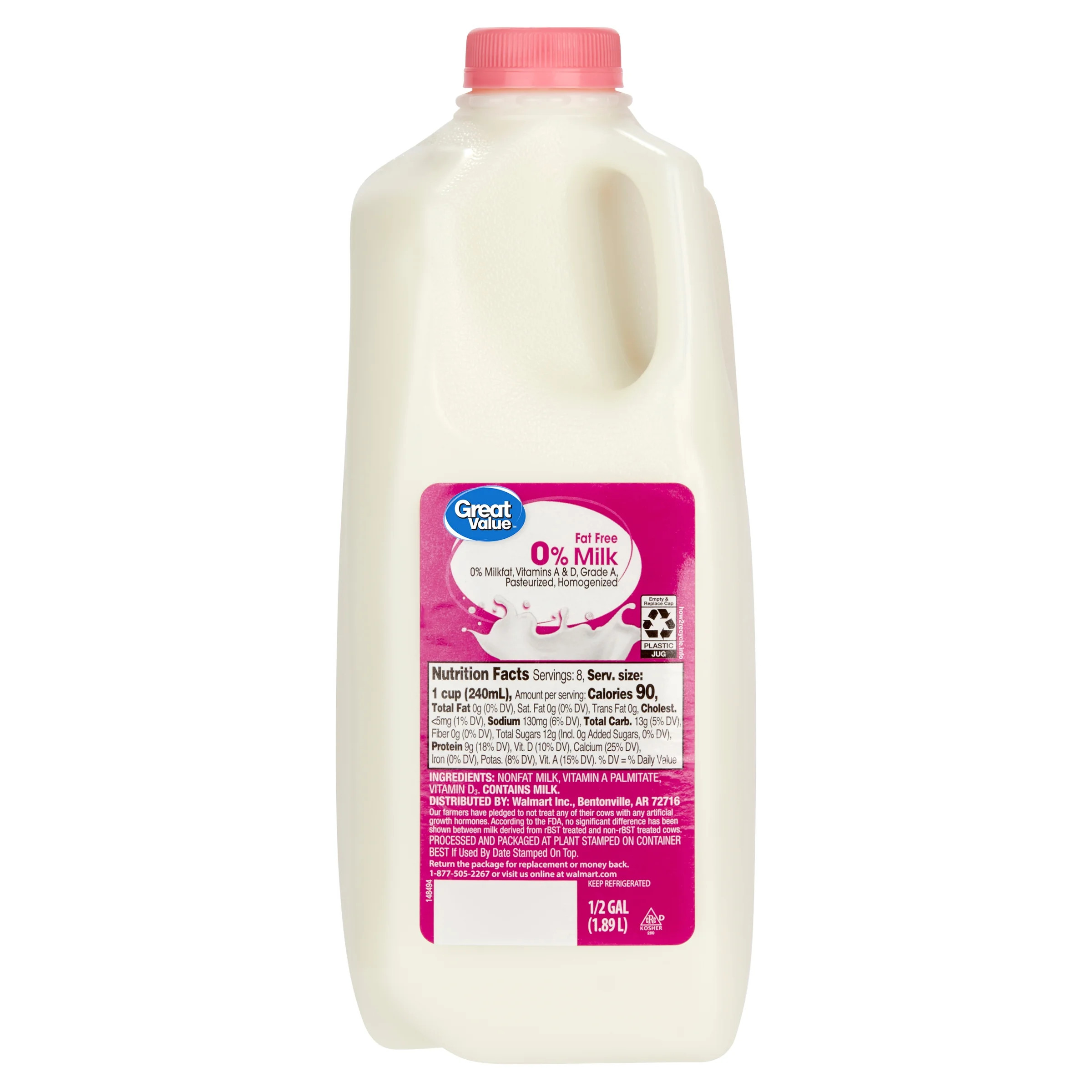 Great Value Milk, Fat Free, Unflavored, Half Gallon, 64 oz Jug | Walmart (US)