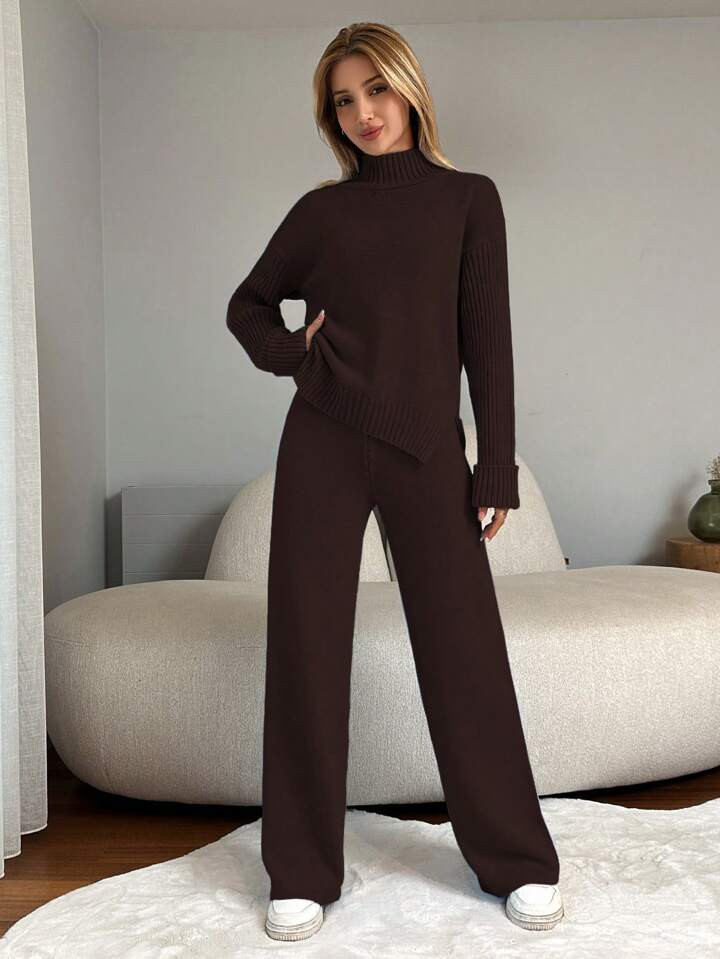SHEIN 2pcs/Set Women Plain Stand Collar Long Sleeve Top & Full Length Pants Set | SHEIN