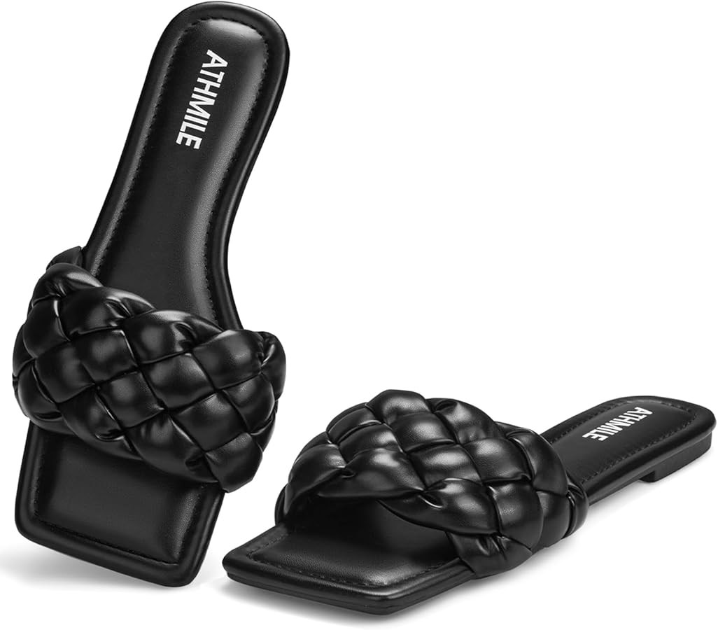 ATHMILE Braided Womens Sandals Square Open Toe Fashion Slide Sandals Women Dressy Summer Flat Bea... | Amazon (US)