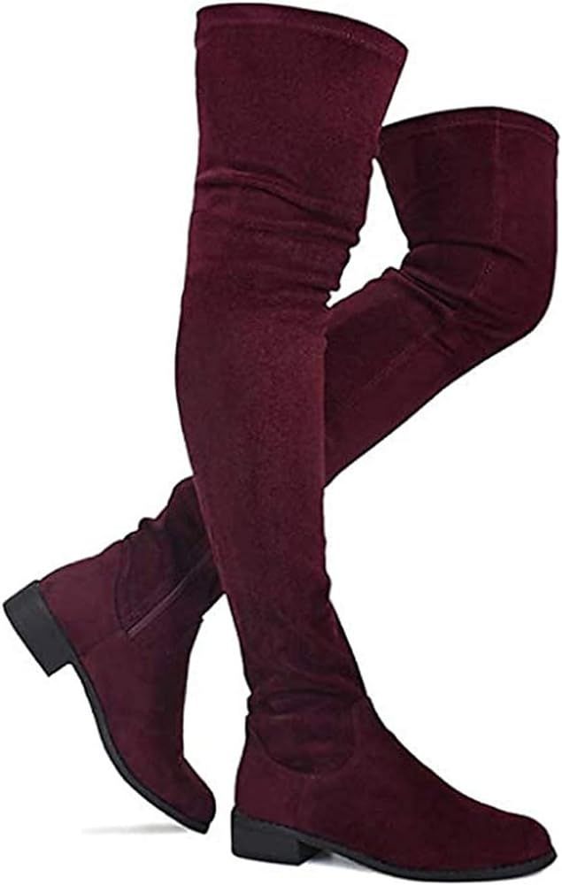 Nature Breeze Olympia 20 Womens Stretchy Thigh High Side Zipper Low Heel Combat Boots | Amazon (US)