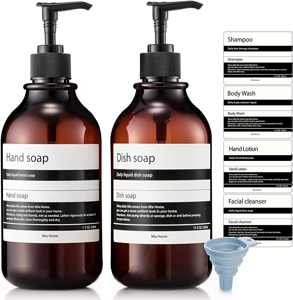 Mia home 17.5 oz Refillable Empty Amber PET Plastic Bottle Set - 2 Bottles of Hand soap with addi... | Amazon (US)