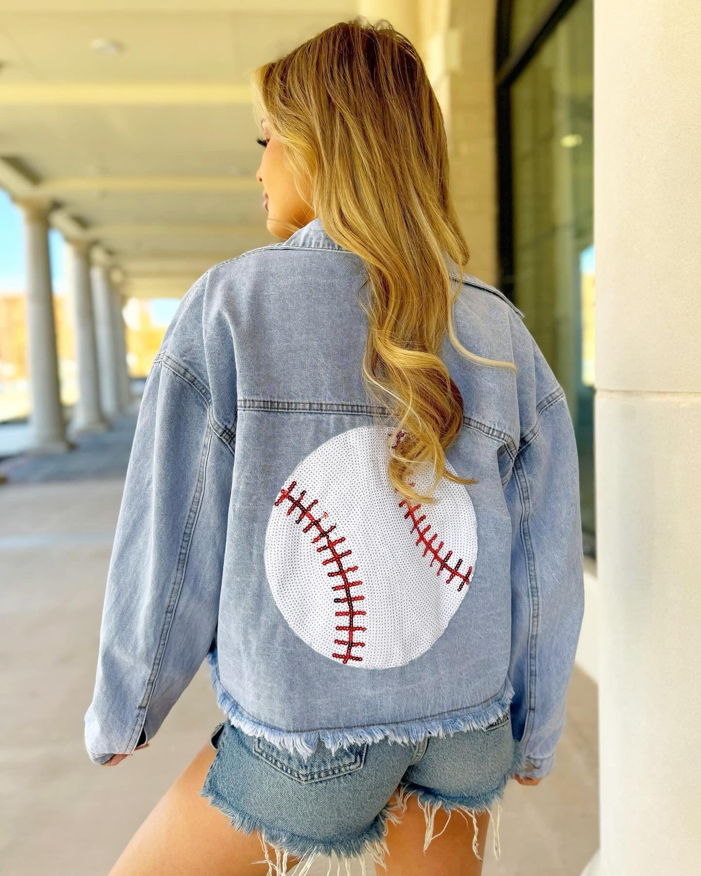 Denim Sequin Baseball Frayed Jacket (Pre-Order Ships Approx. 3/30) | Live Love Gameday®