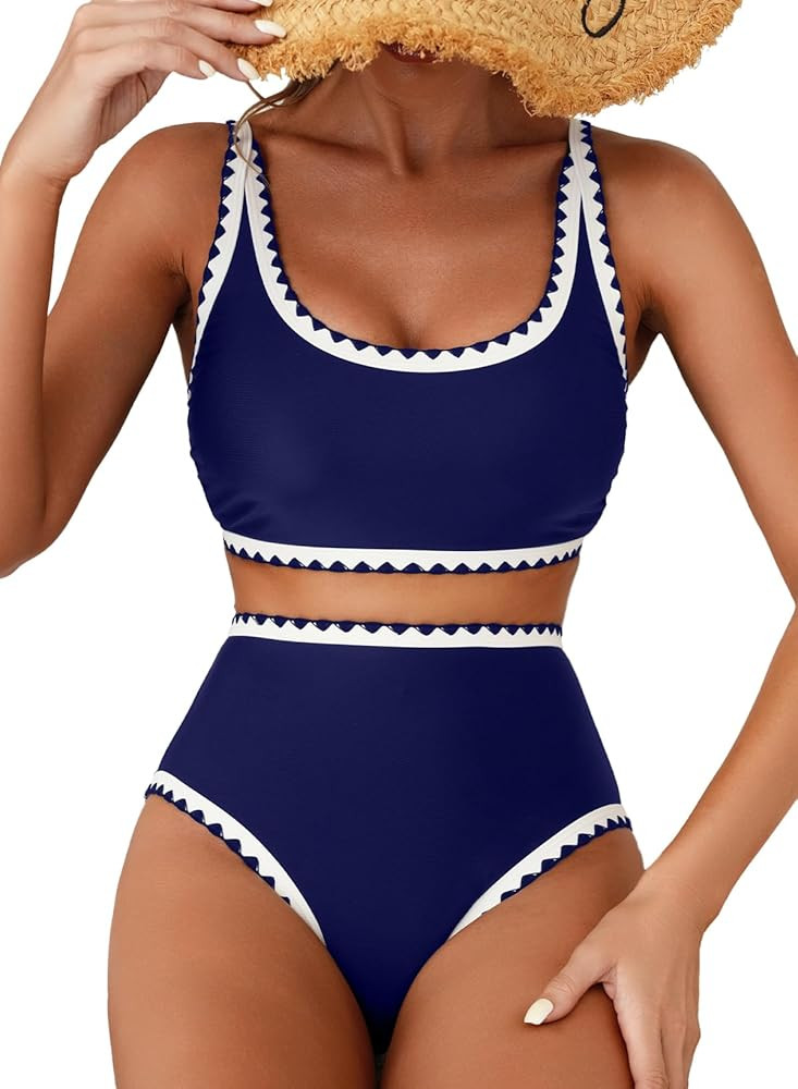 Herseas Women's Bikini Sets Floral Print Whip Stitch 2 Piece Swimsuits High Waisted Scoop Bathing... | Amazon (US)