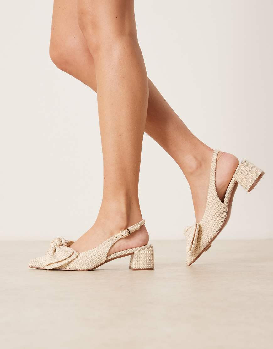 ASOS DESIGN Symbol bow slingback mid block heeled shoes in natural linen-Neutral | ASOS (Global)