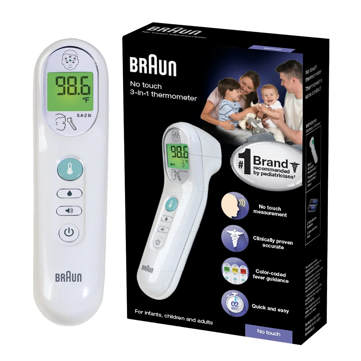 Braun No Touch 3-in-1 Digital Thermometer, Suitable for All Ages, BNT100US, White - Walmart.com | Walmart (US)