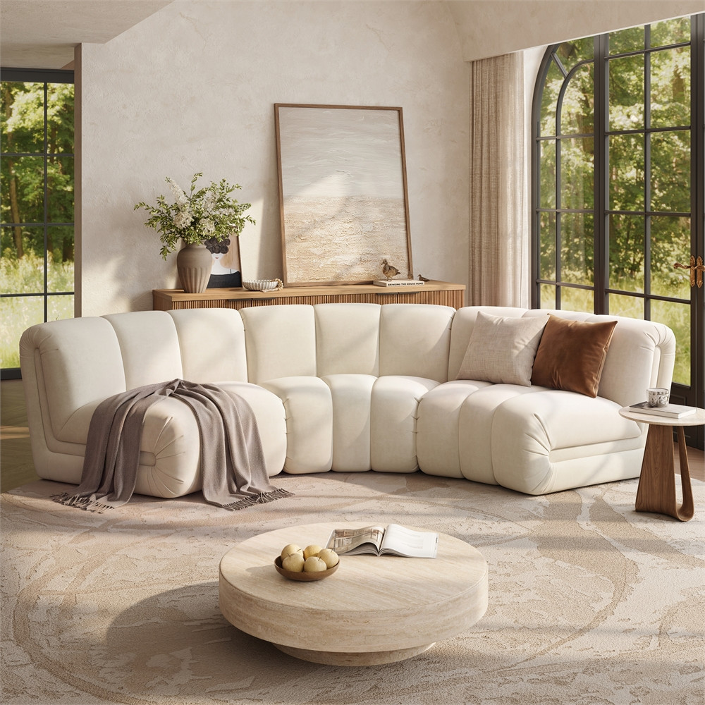 141'' Beige 3-Seat Modular Curved Sectional Sofa in Performance Fabric | POVISON