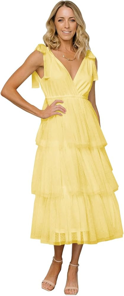 Tulle Bridesmaid Dresses for Women Tea Length Puffy A Line Tiered Formal Gown Wedding Guest Dress | Amazon (US)