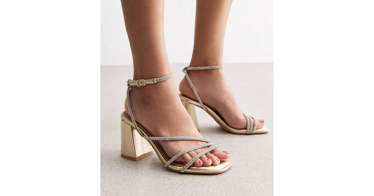 Gold Multi Strap Diamanté Block Heel Sandals  | New Look | New Look (UK)