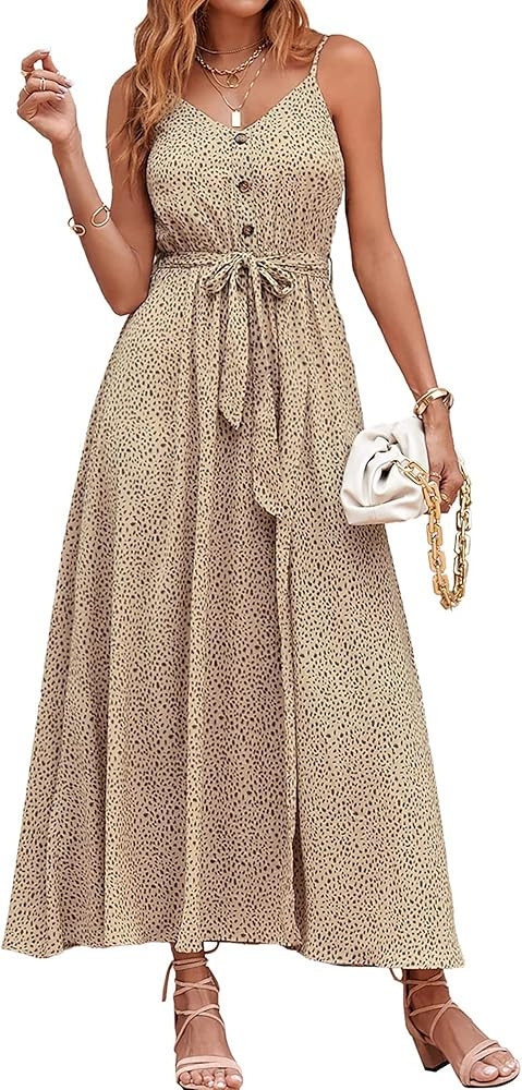 KIRUNDO Women's Spaghetti Strap V Neck Flowy Leopard Print High Waist Belt Split Maxi Dresses | Amazon (US)