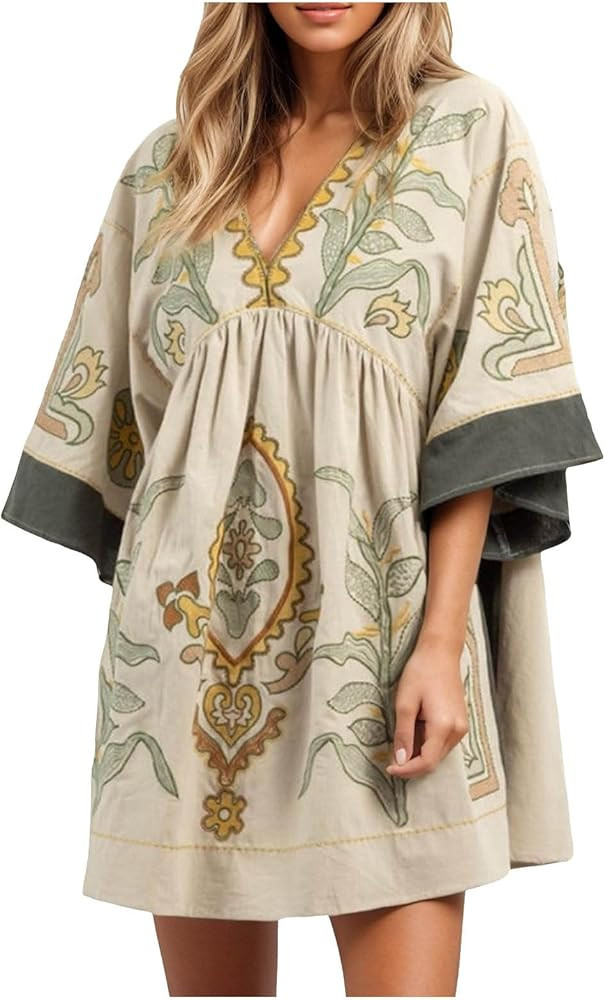 Summer Mini Dresses for Women 3/4 Sleeve V Neck Babydoll Dresses Womens Floral Printed Casual Loo... | Amazon (US)