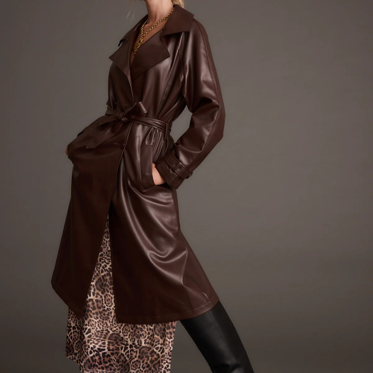 Brynne Faux Leather Mahogany Brown Trench | 12th Tribe