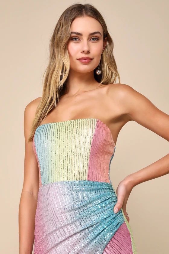 Ethereal Brilliance Rainbow Sequin Strapless Maxi Dress | Lulus