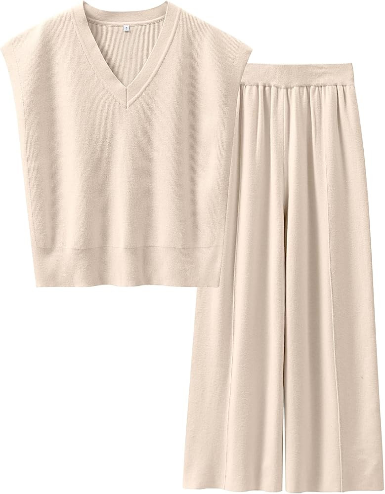 Caracilia Women's 2 Piece Outfits V Neck Sweater Vest & Wide Leg Pants Knit Lounge Matching Sets ... | Amazon (US)