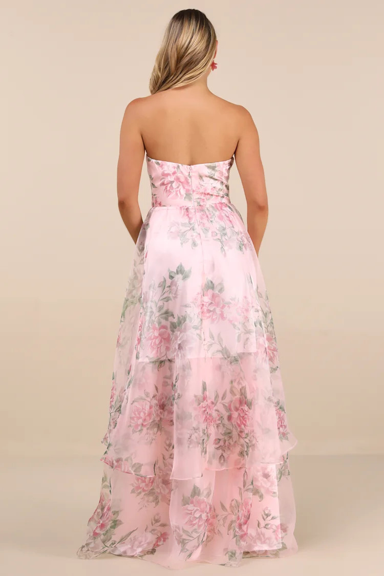 Truly Extraordinary Pink Floral Organza Strapless Maxi Dress | Lulus