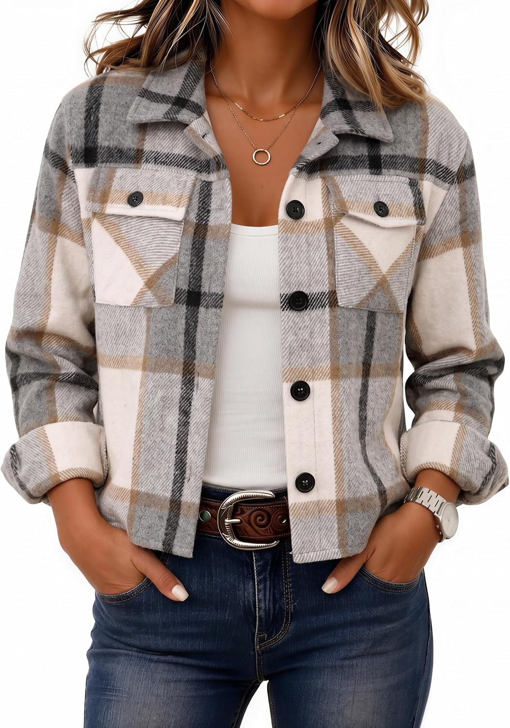 Zeagoo Flannels for Women Cropped Shacket Jacket Fashion Plaid Fall Coat | Amazon (US)