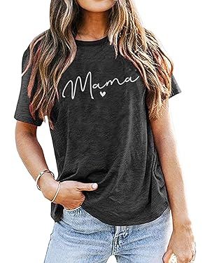 Mama Shirt for Women Mama Letter Print T-Shirt Funny Mama Graphic Tees Casual Short Sleeve Mom Li... | Amazon (US)