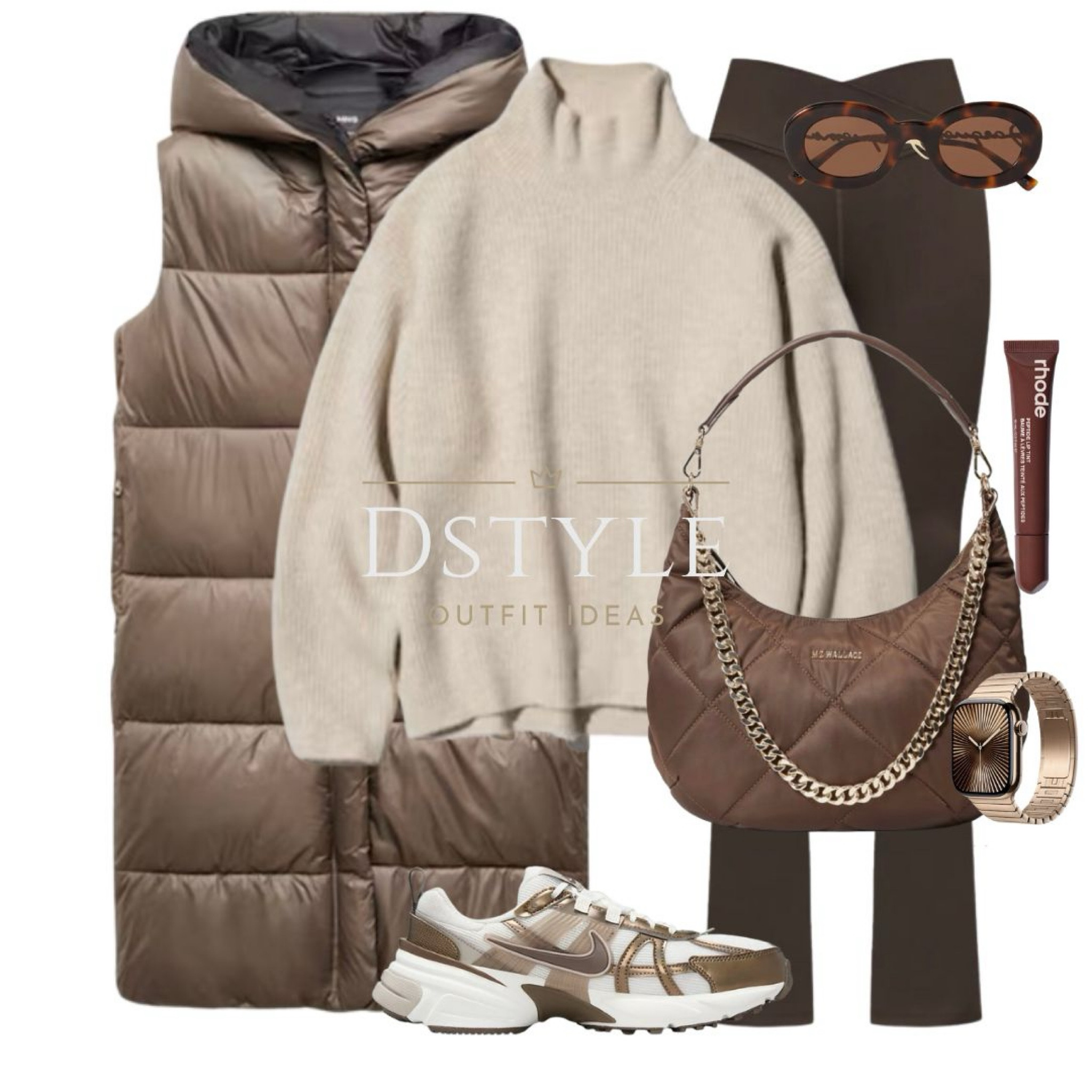 Medium brown long quilted vest / gilet, beige sweater, chocolate brown sculpting leggings, quilted bag, Nike V2K run sneakers/ trainers
 

#LTKShoeCrush #LTKTravel #LTKStyleTip