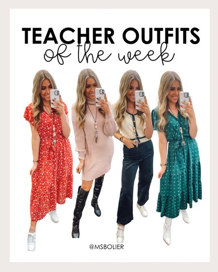 teacher outfits of the week! Only worked 4 days this week so only 4 outfits! And you can tell I love dresses cause I wore them 3 of the days! 

Red dress: wearing usual size M
White sneakers: true to size 
Pink sweater dress: wearing M
Black boots: true to size 
Knit top: wearing M
Black pants: true to size 
Cream Sneakers from Frankie4
Green dress: wearing usual size M
White boots: size up half

I’m about 5’6” for reference!

| teacher outfits | teacher fashion | amazon fashion | teacher style | women’s fashion | holiday fashion | Christmas outfits 

#LTKfindsunder100 #LTKworkwear #LTKSeasonal