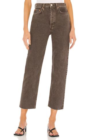 RE/DONE Originals 70s Ultra High Rise Stove Pipe Leg in Washed Chocolate from Revolve.com | Revolve Clothing (Global)