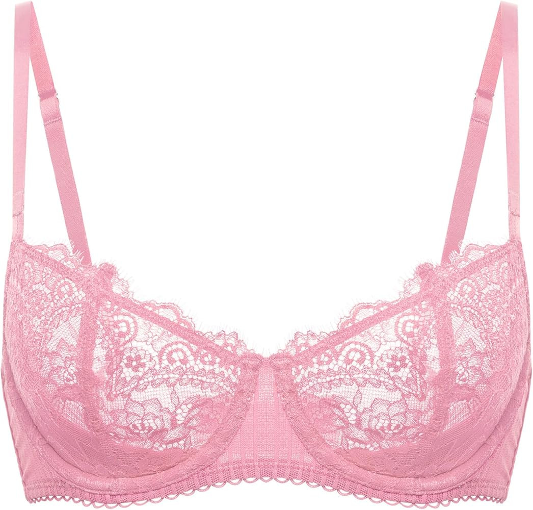 DOBREVA Women's Sexy Lace Push Up Plus Size Bra Sheer Balconette Underwire Unlined | Amazon (US)