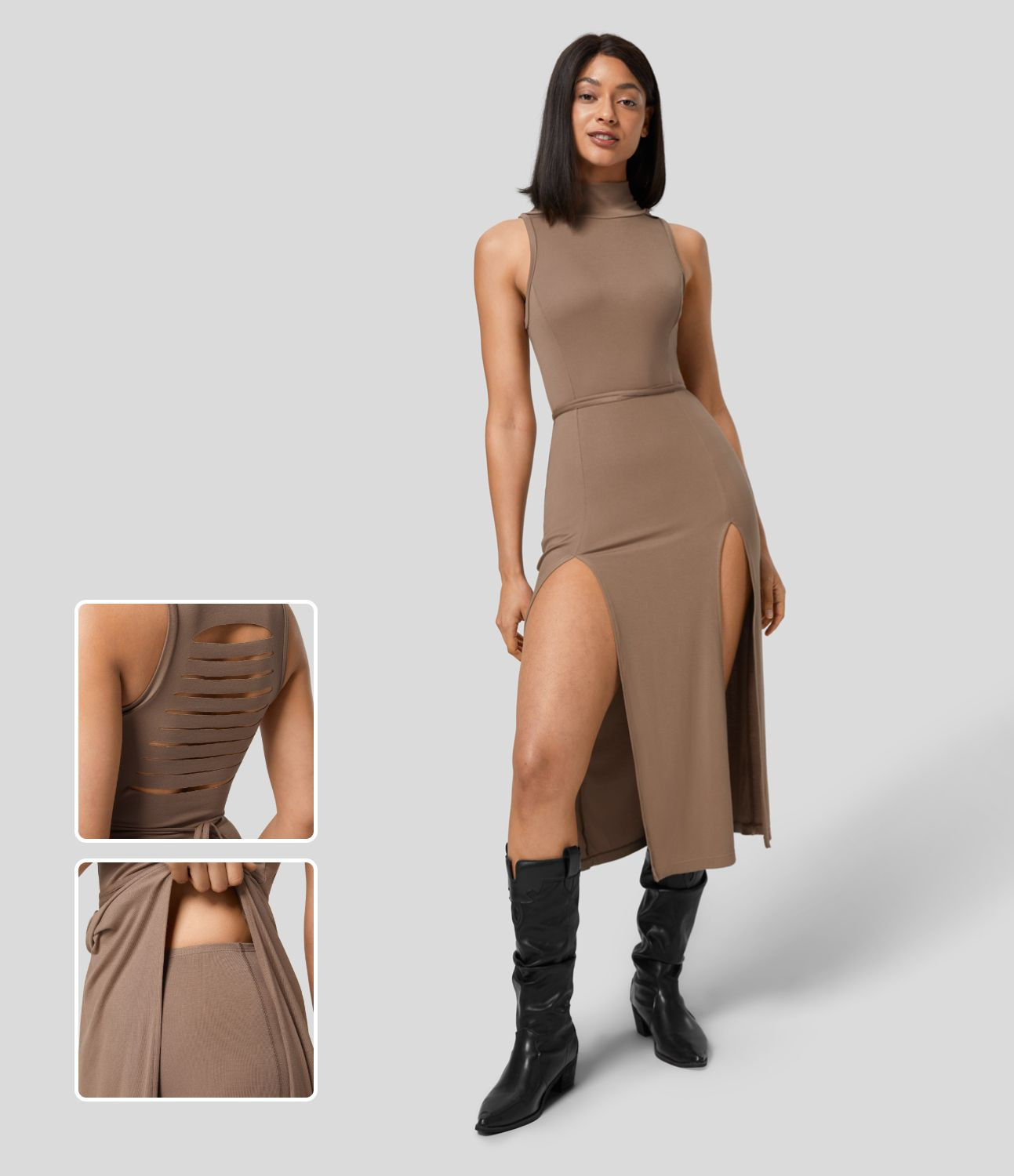Women’s Ribbed Hooded High Neck Sleeveless Cut Out Tie Back Split 2-Piece Midi Casual Dress - H... | HALARA