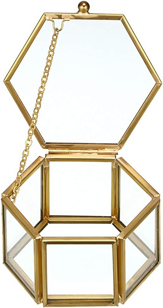 Hipiwe Glass Vintage Jewelry Box - Golden Geometric Jewelry Display Organizer Keepsake Box Case H... | Amazon (US)
