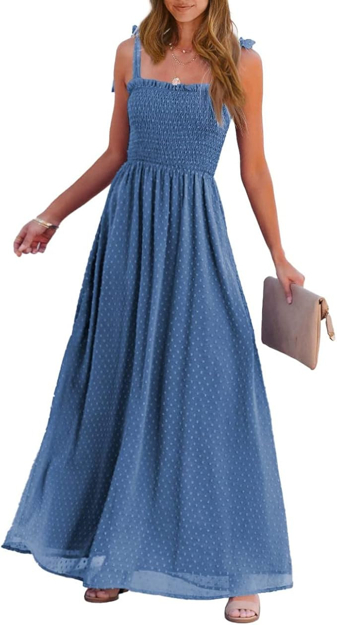 PRETTYGARDEN Women's Casual Summer Boho Maxi Dresses 2023 Tie Straps Square Neck Solid Swiss Dot ... | Amazon (US)