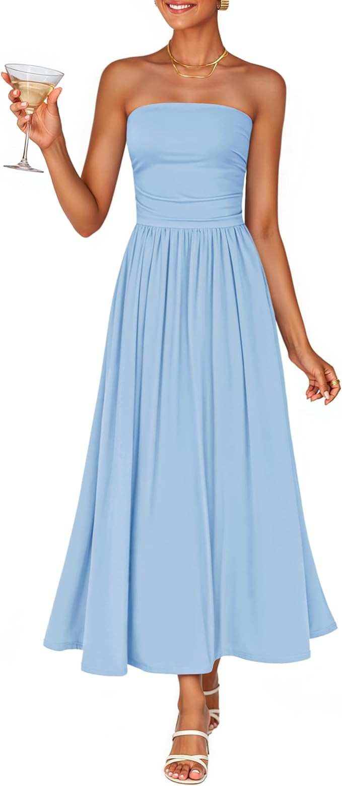 ZESICA Women's Summer Sleeveless Midi Dress 2026 Strapless Ruched A Line Flowy Wedding Guest Part... | Amazon (US)