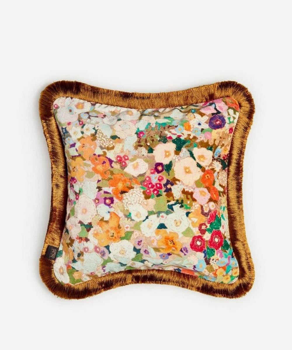 House of Hackney Hollyhocks Medium Velvet Fringed Cushion Multicoloured | Liberty London (US)