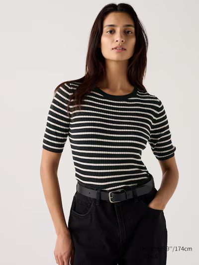 Merino Ribbed Crew Neck Half Sleeve Sweater | Striped | UNIQLO (US)